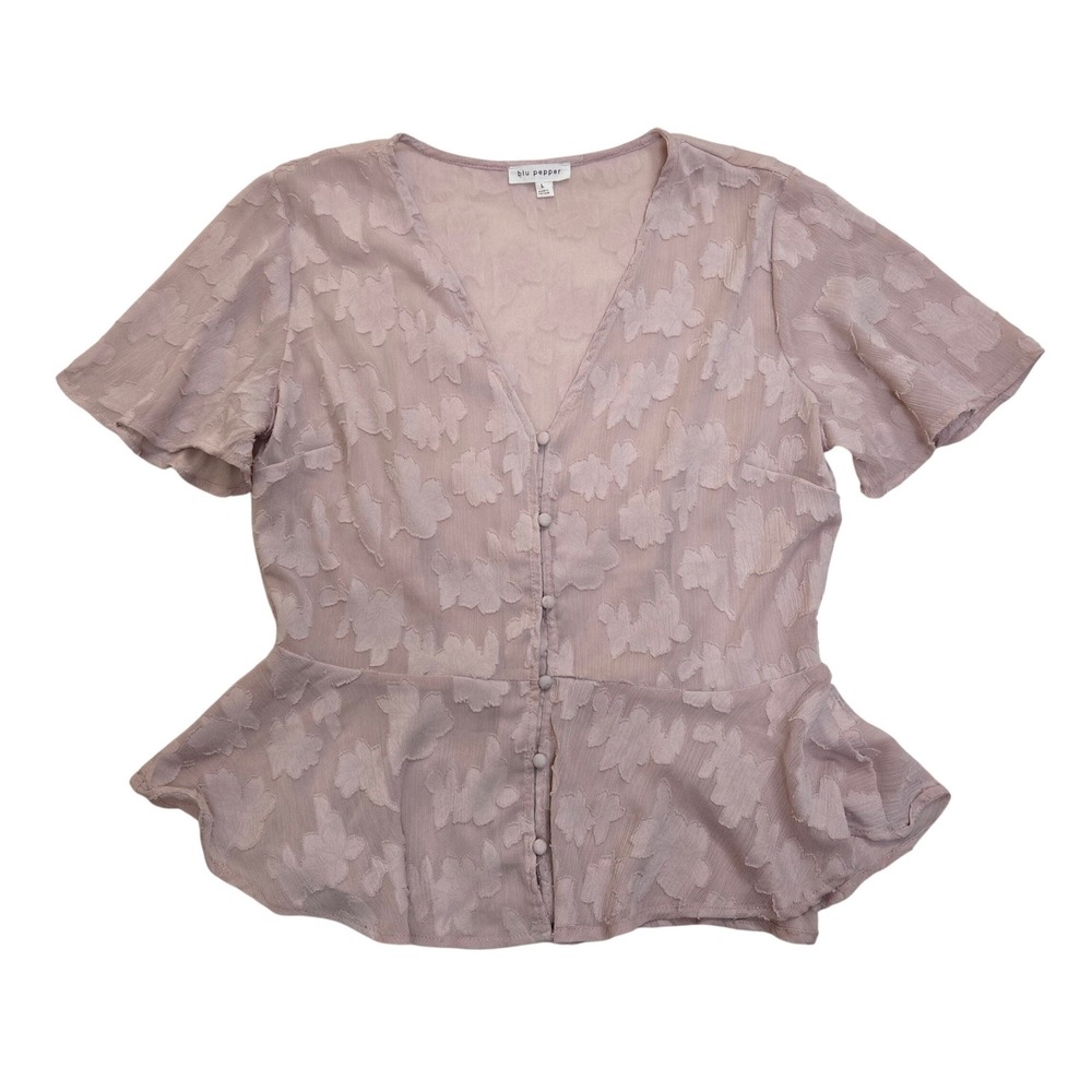 Blu Pepper Dusty Rose Burnout Floral Peplum Blouse V-Neck Button‎ Front Large
